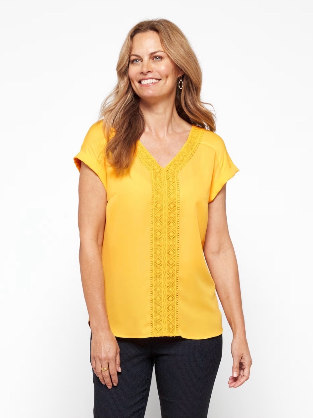 Fortune + Ivy Yellow Embroidered V-Neck Blouse